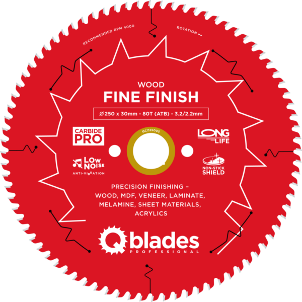 QBLADES-HM CirkelZaagblad 80T 250x30x3,2 ATB Wood-fine Finish
