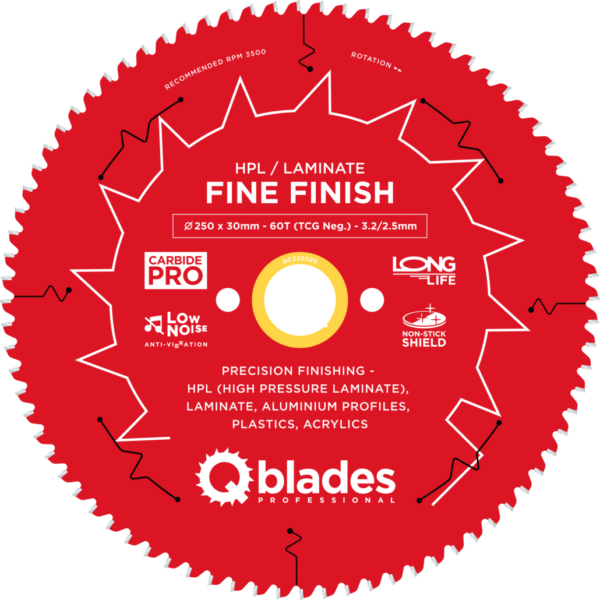 QBLADES-HM CirkelZaagblad 60T 250x30x3,2 TCG neg HPL/Laminate-Fine Finish
