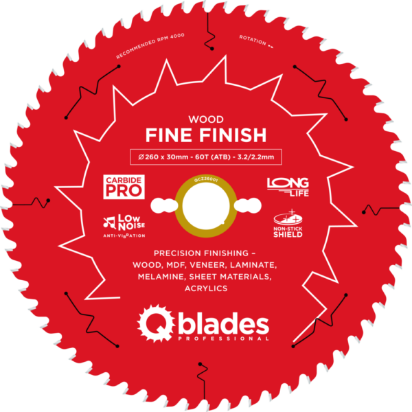 QBLADES-HM CirkelZaagblad 60T 260x30x3,2 ATB Wood-Fine Finish