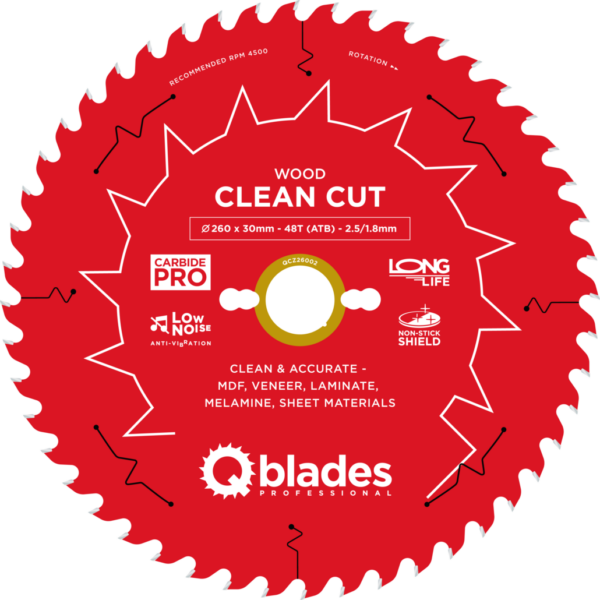QBLADES-HM CirkelZaagblad 48T 260x30x2,5 ATB Wood-Clean Cut