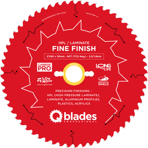 QBLADES-HM CirkelZaagblad 60T 260x30x2,5 TCG neg HPL/Laminate-Fine Finish