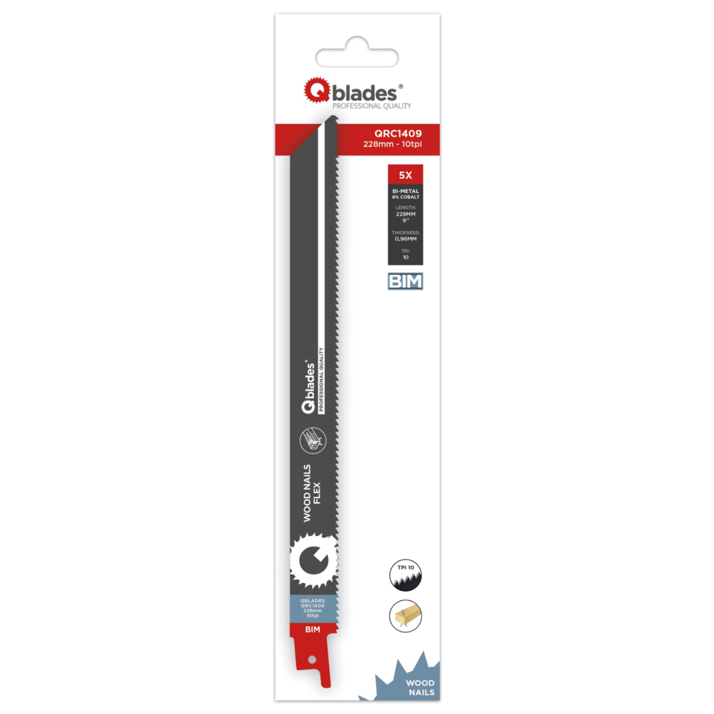 Qblades Reciprozaagblad Hout met spijkers, Felxibel, BIM, 10tpi – 228mm