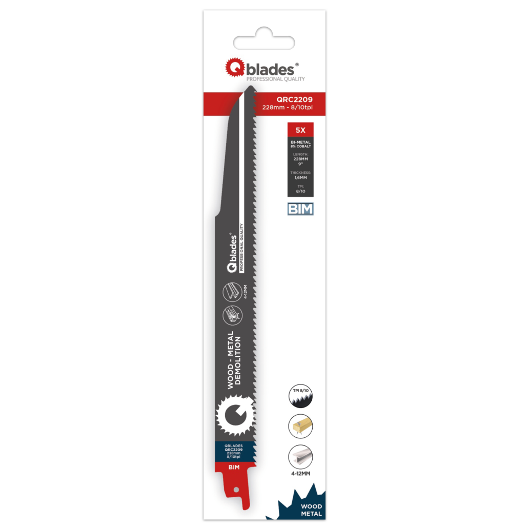 Qblades Reciprozaagbladd Alleskunner, Hout met spijkers, Staal tot 12mm, BIM, 8/10tpi – 228mm