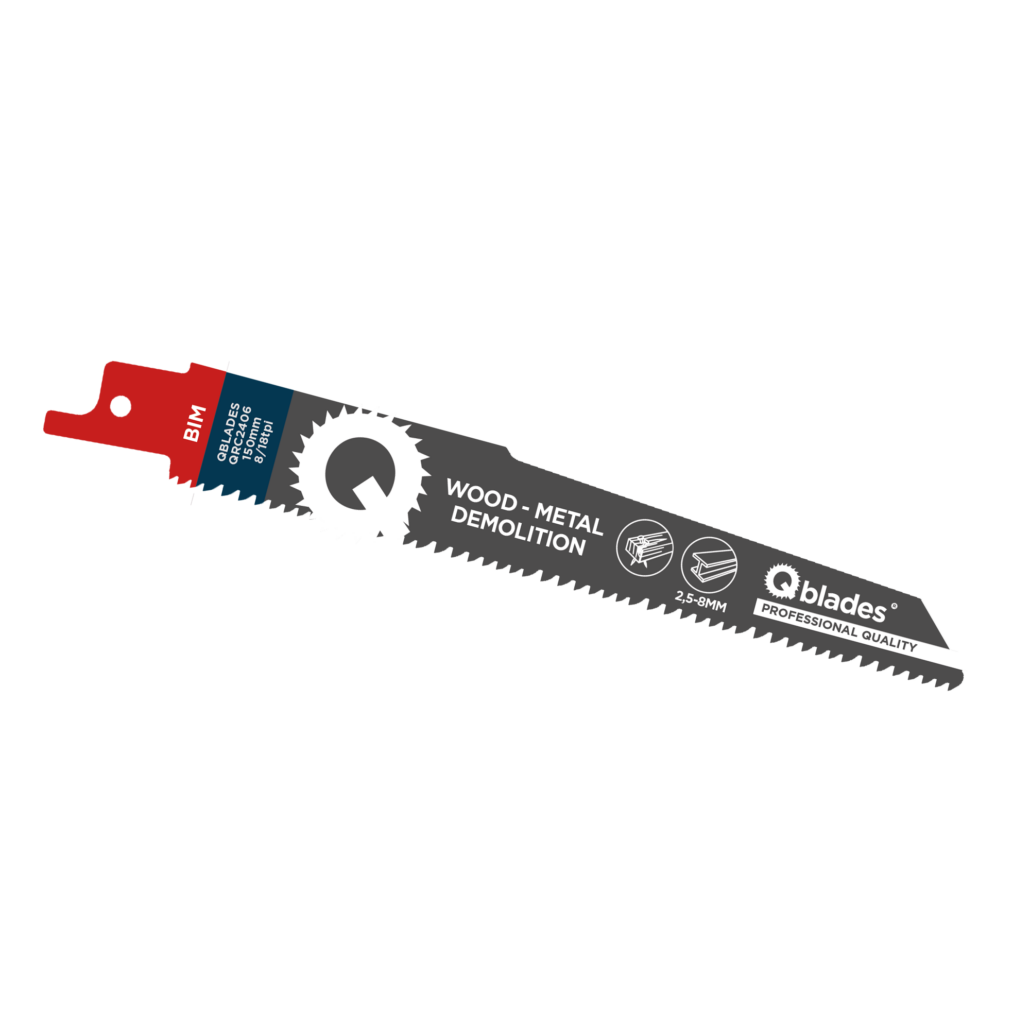 Qblades Reciprozaagblad Alleskunner, Hout met spijkers, Staal tot 8mm, BIM, 8/18tpi – 152mm