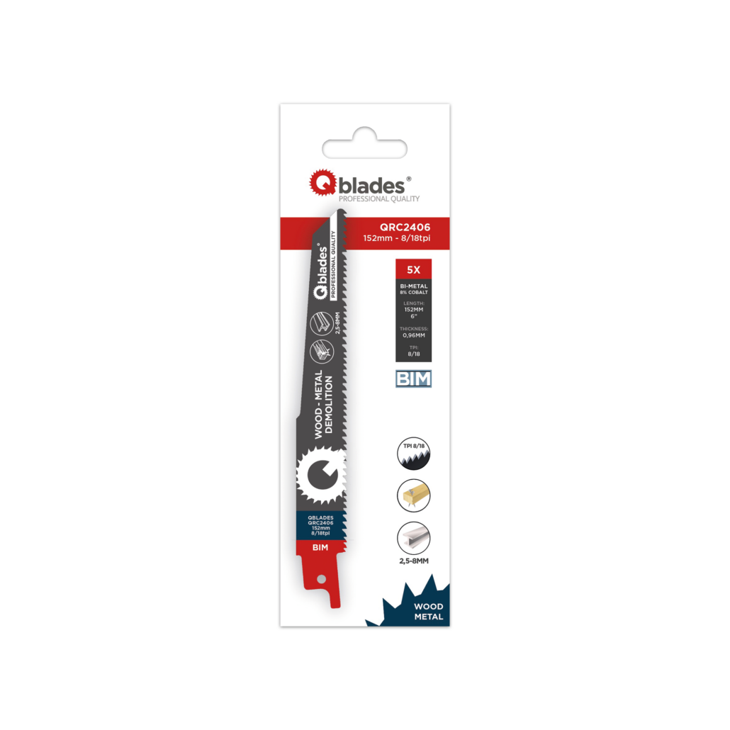 Qblades Reciprozaagblad Alleskunner, Hout met spijkers, Staal tot 8mm, BIM, 8/18tpi – 152mm